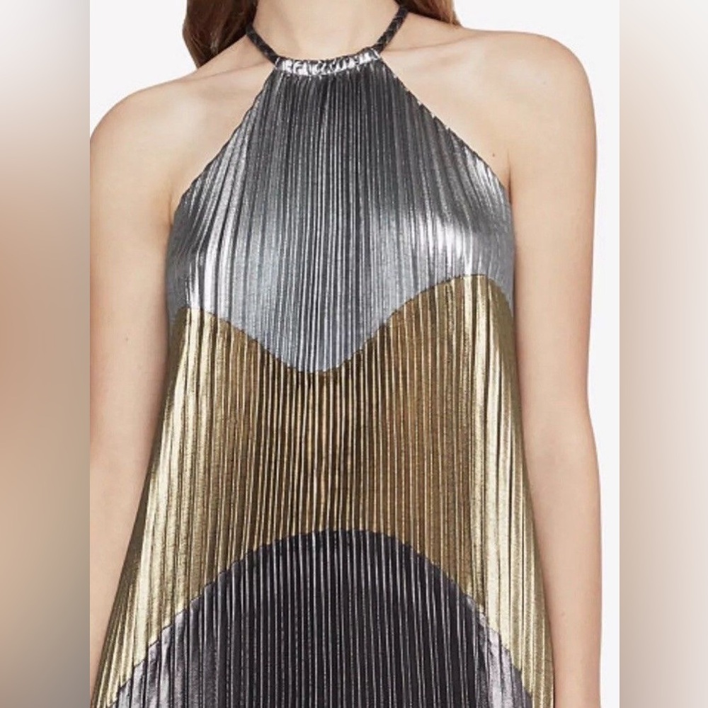 BCBGMAXAZRIA Metallic Silver Gold Colorblocked Pleated Gown XS NWT - Picture 6 of 16